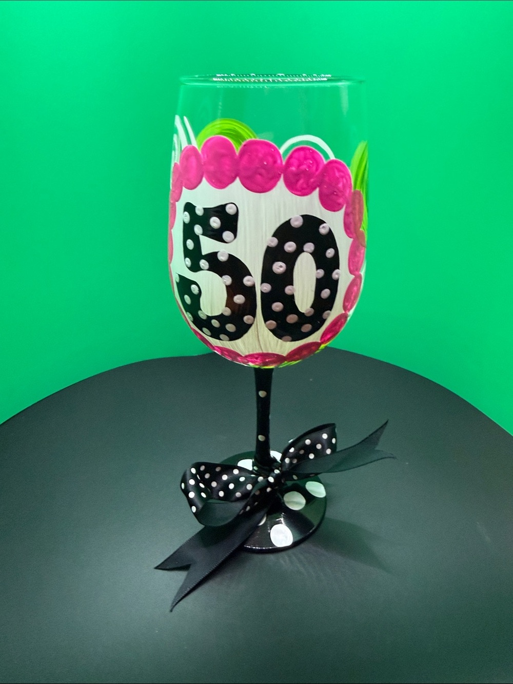 Hand-Painted 50th Celebration Wine Glass - Pink & Black